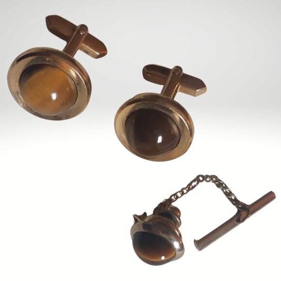 Vintage Tiger's Eye Cuff Link & Tie Tack Set Gold Tone - Picture 3 of 10